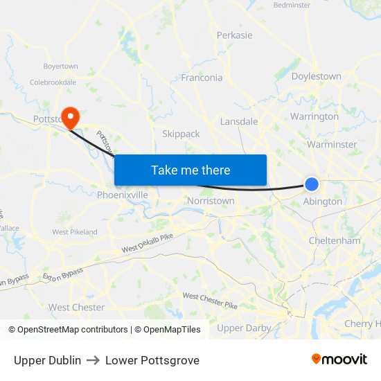 Upper Dublin to Lower Pottsgrove map