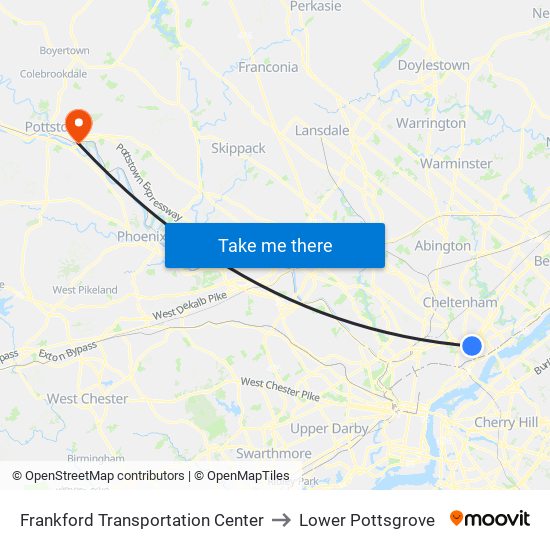 Frankford Transportation Center to Lower Pottsgrove map