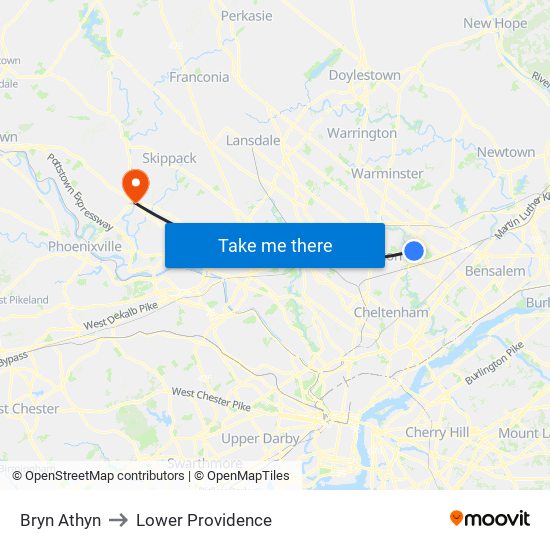 Bryn Athyn to Lower Providence map