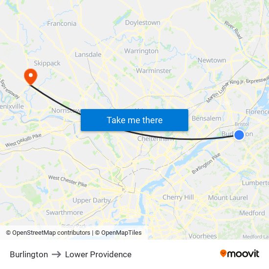 Burlington to Lower Providence map