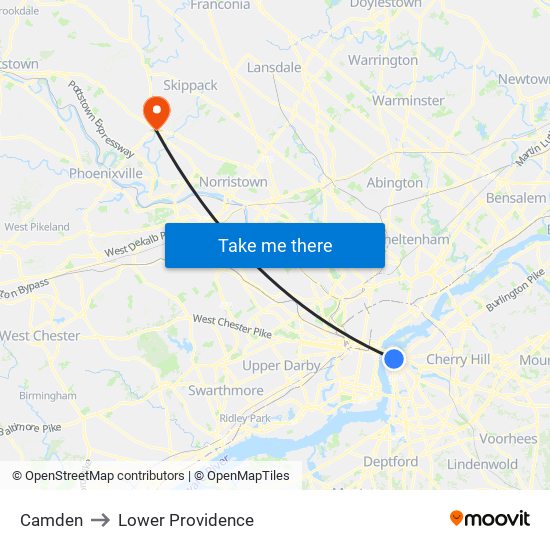 Camden to Lower Providence map