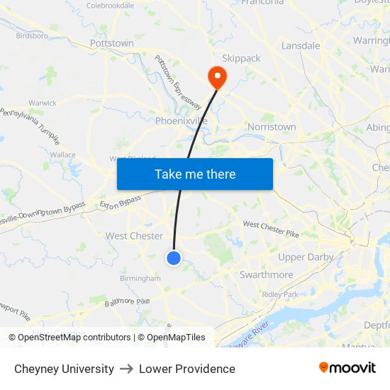 Cheyney University to Lower Providence map