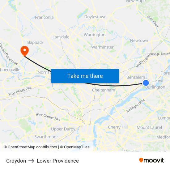 Croydon to Lower Providence map
