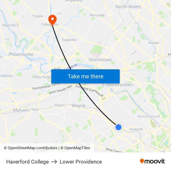 Haverford College to Lower Providence map