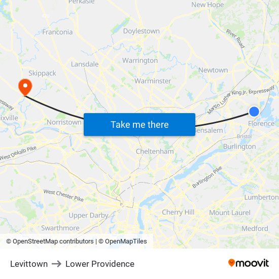 Levittown to Lower Providence map