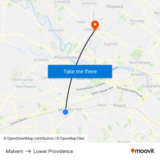 Malvern to Lower Providence map