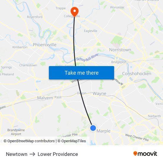 Newtown to Lower Providence map