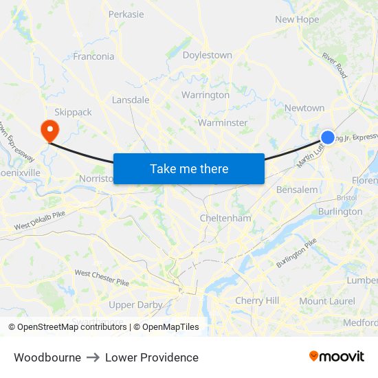 Woodbourne to Lower Providence map