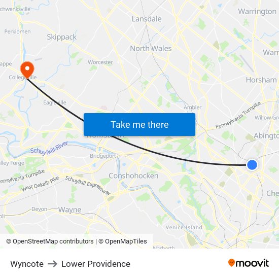 Wyncote to Lower Providence map