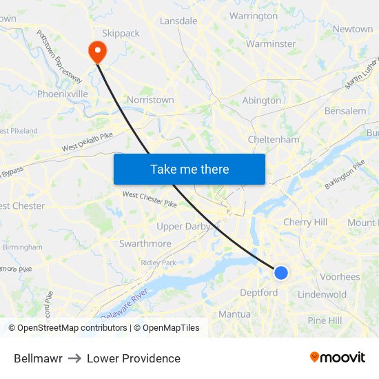 Bellmawr to Lower Providence map