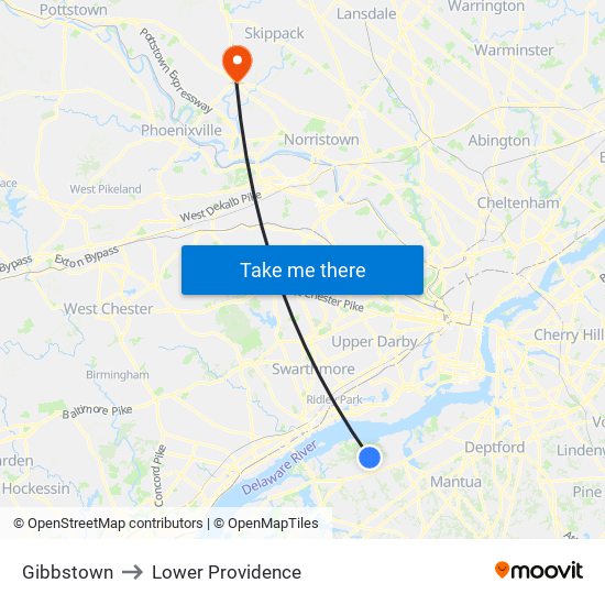 Gibbstown to Lower Providence map