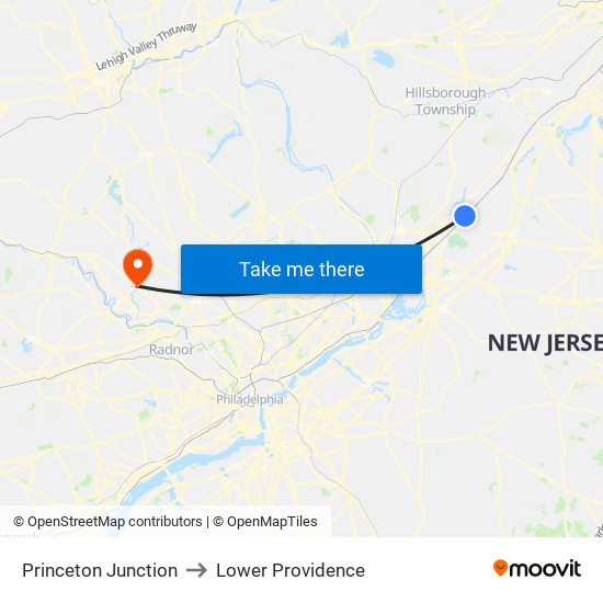 Princeton Junction to Lower Providence map