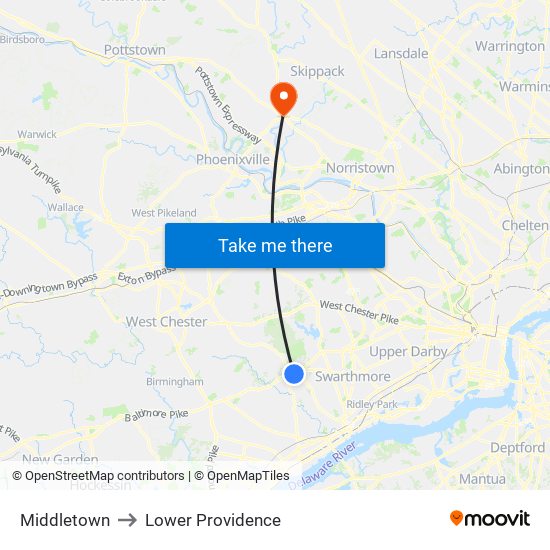 Middletown to Lower Providence map