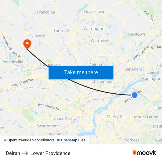 Delran to Lower Providence map