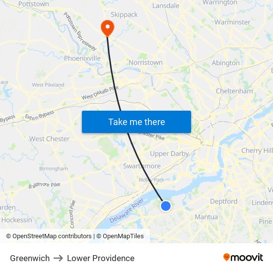 Greenwich to Lower Providence map