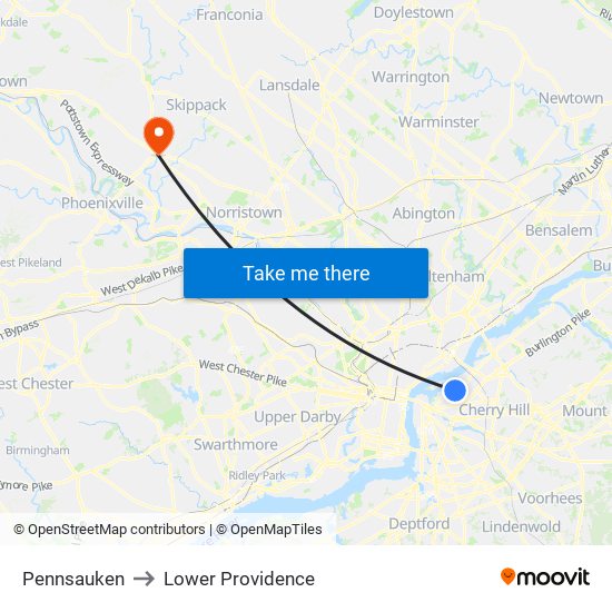 Pennsauken to Lower Providence map