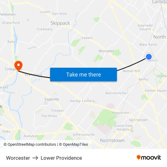 Worcester to Lower Providence map