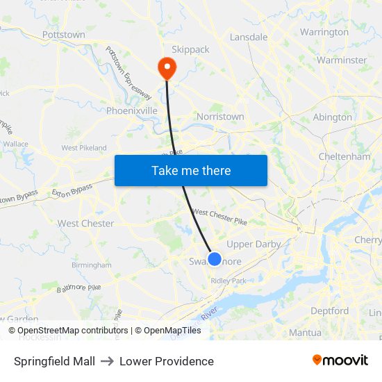 Springfield Mall to Lower Providence map