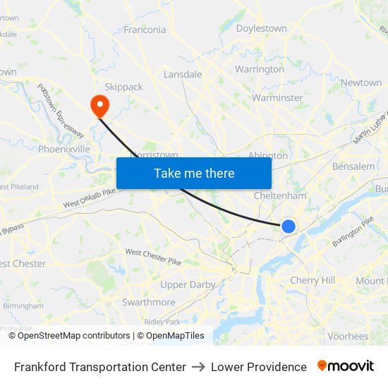 Frankford Transportation Center to Lower Providence map