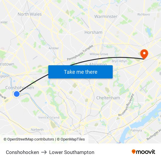 Conshohocken to Lower Southampton map