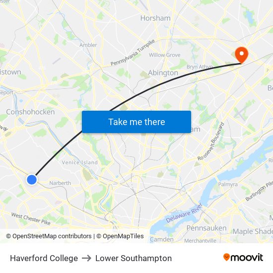 Haverford College to Lower Southampton map