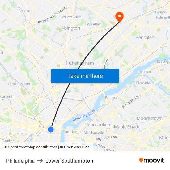 Philadelphia to Lower Southampton map