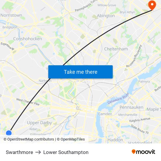 Swarthmore to Lower Southampton map