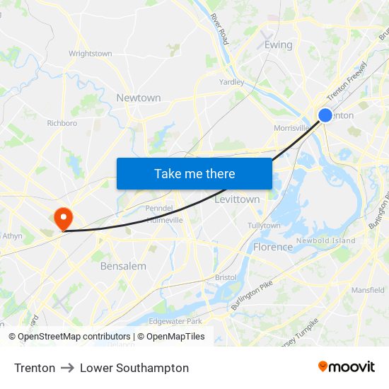 Trenton to Lower Southampton map