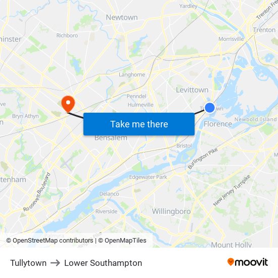 Tullytown to Lower Southampton map