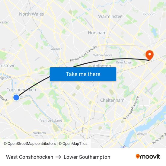 West Conshohocken to Lower Southampton map