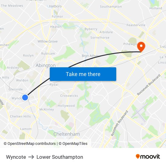 Wyncote to Lower Southampton map