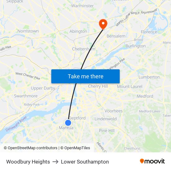 Woodbury Heights to Lower Southampton map