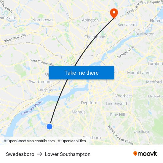 Swedesboro to Lower Southampton map