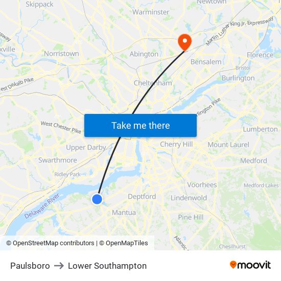 Paulsboro to Lower Southampton map