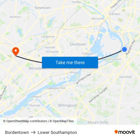 Bordentown to Lower Southampton map