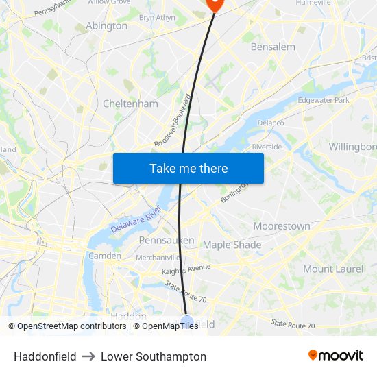 Haddonfield to Lower Southampton map