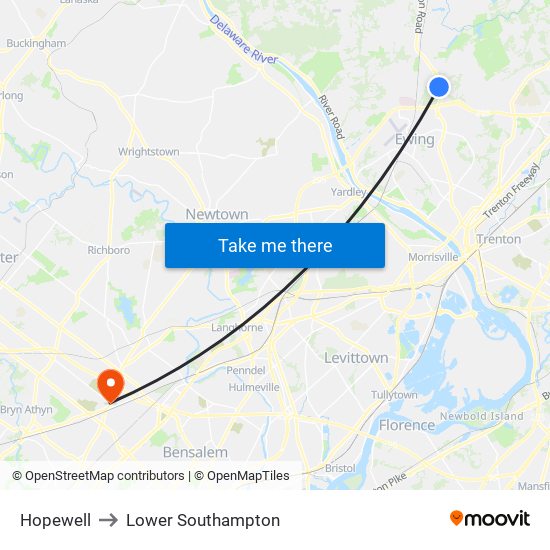 Hopewell to Lower Southampton map
