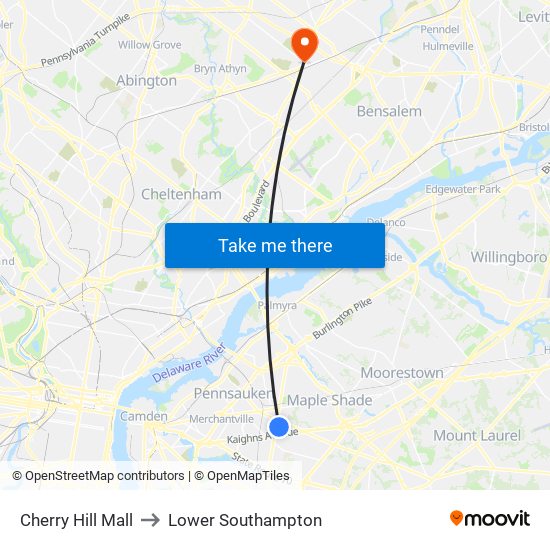 Cherry Hill Mall to Lower Southampton map