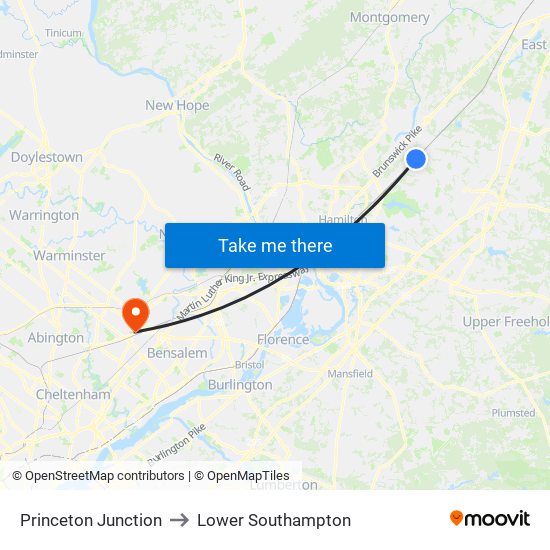 Princeton Junction to Lower Southampton map