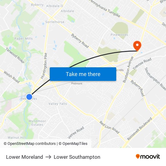 Lower Moreland to Lower Southampton map