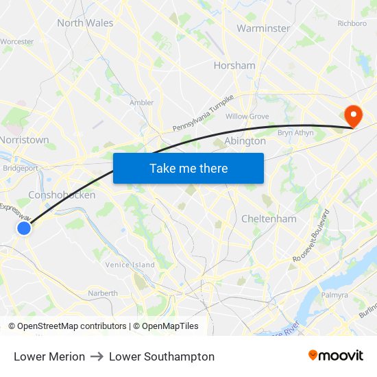 Lower Merion to Lower Southampton map