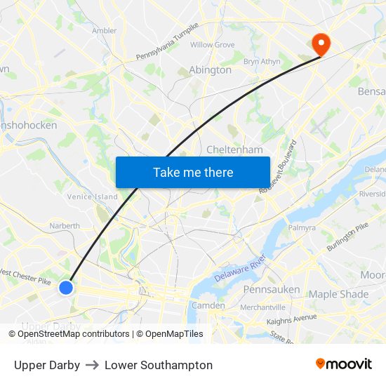 Upper Darby to Lower Southampton map