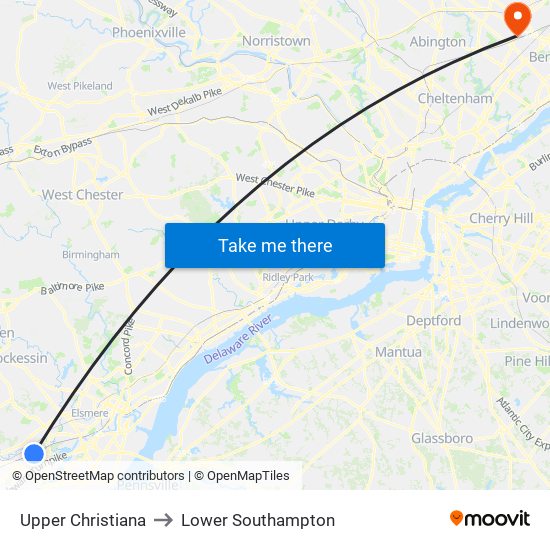 Upper Christiana to Lower Southampton map