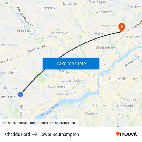 Chadds Ford to Lower Southampton map