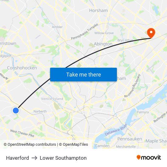 Haverford to Lower Southampton map
