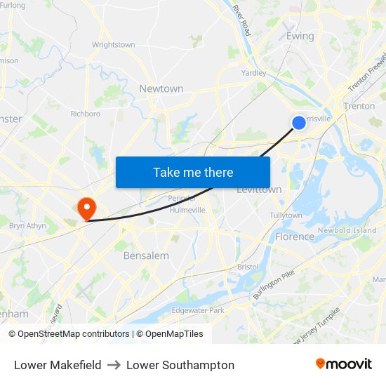 Lower Makefield to Lower Southampton map