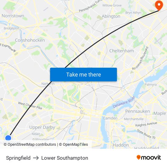 Springfield to Lower Southampton map