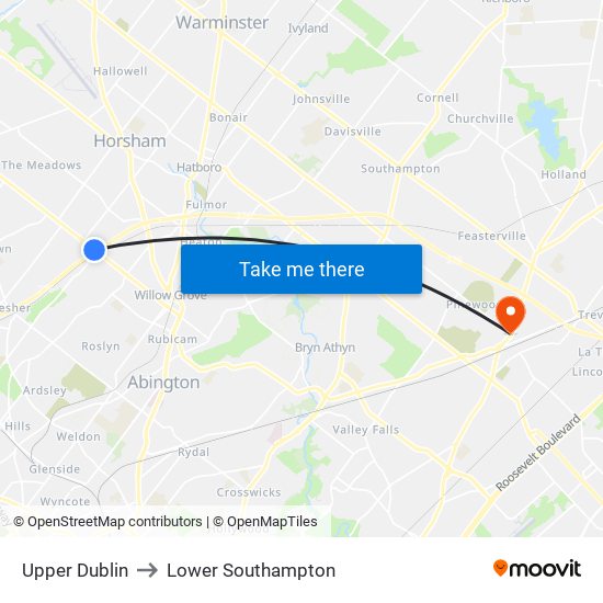 Upper Dublin to Lower Southampton map