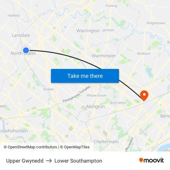 Upper Gwynedd to Lower Southampton map