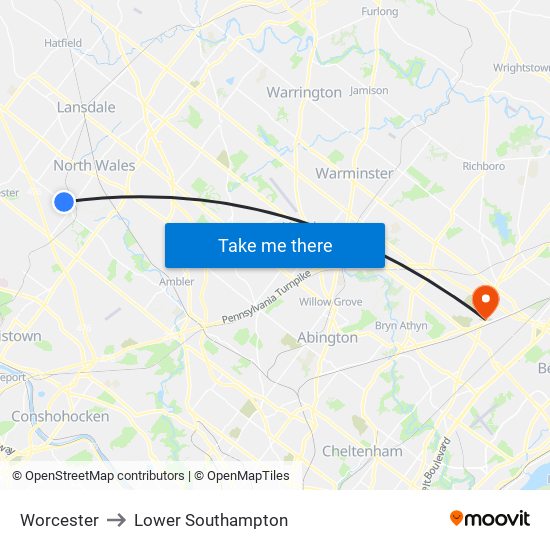 Worcester to Lower Southampton map